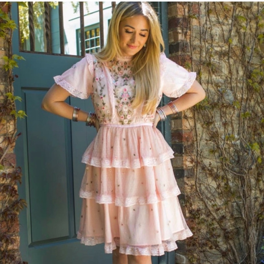 Ivy City Co Ingrid Rosette Pink Tiered Embroidered Midi Dress - XS